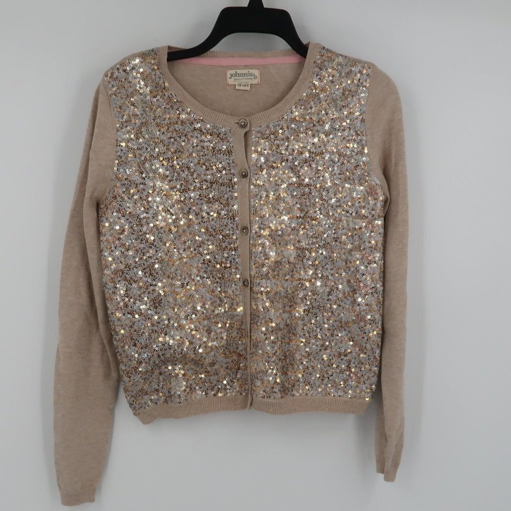 Boden Johnnie B Tan Cardigan with Full Sequin Front in Silver Gold Combo 15-16Y